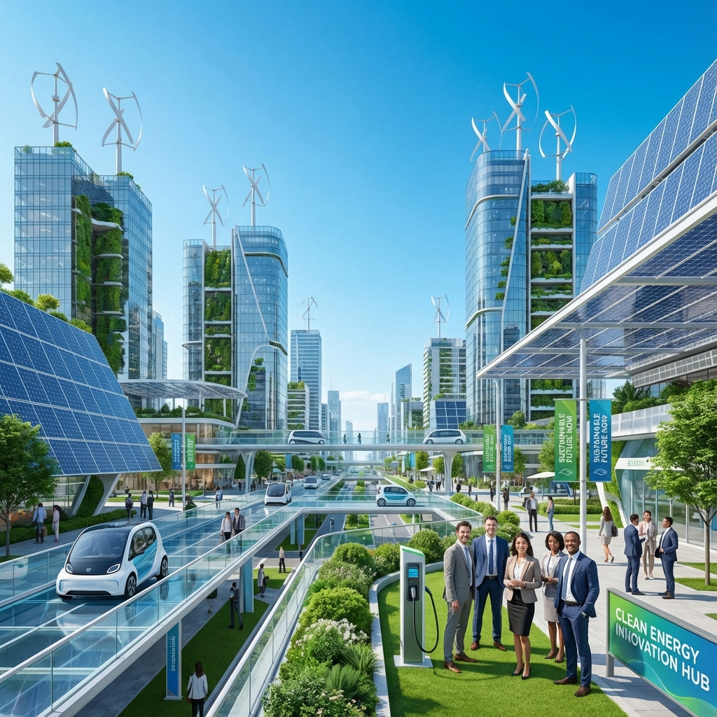 A futuristic city with green energy infrastructure and clear skies.