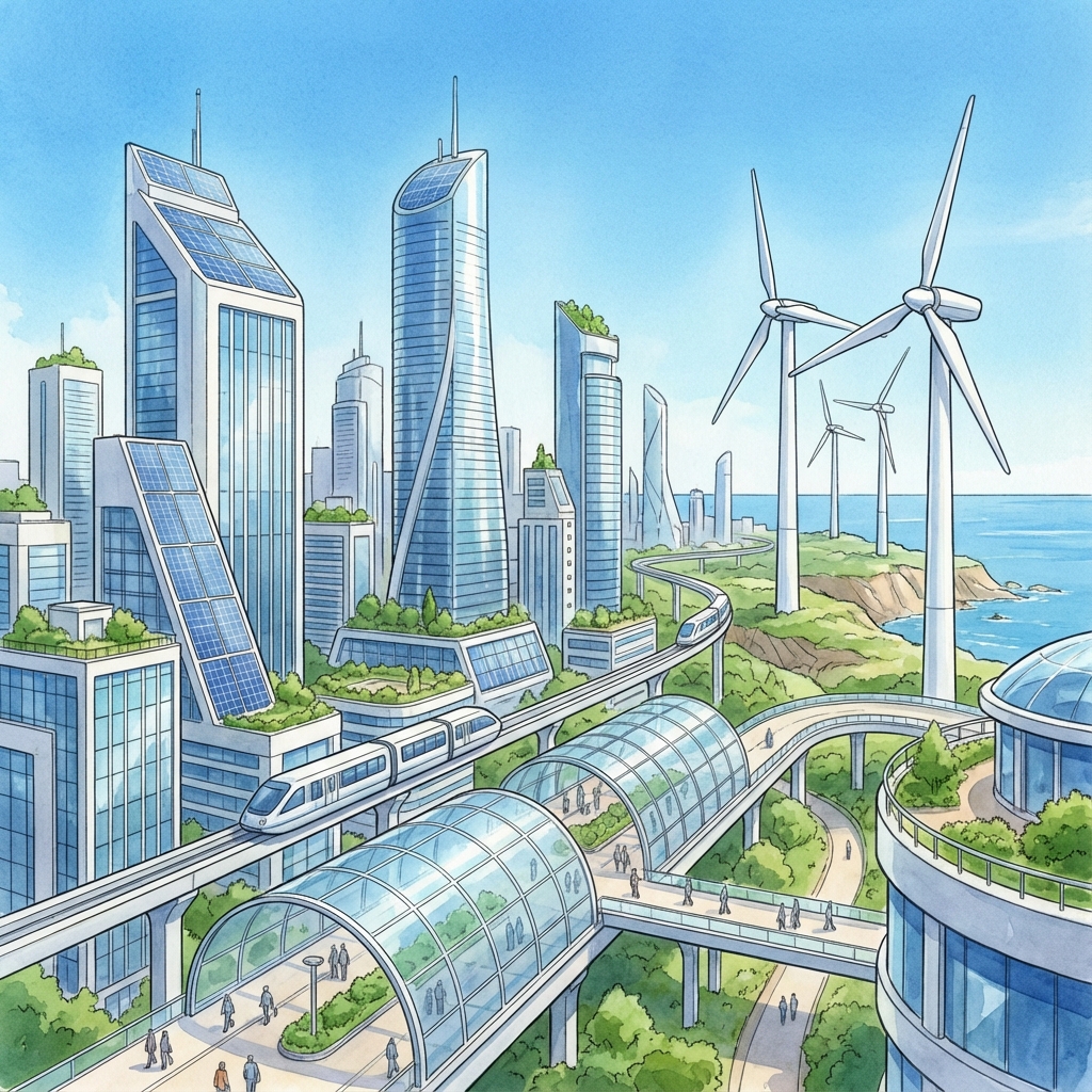 A futuristic city with green energy infrastructure, including wind turbines and solar panels, set against a clear blue sky.