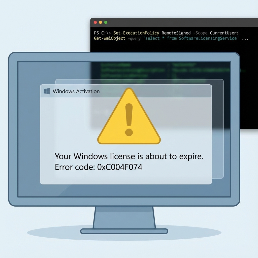 A Windows activation screen with a warning sign and a PowerShell script