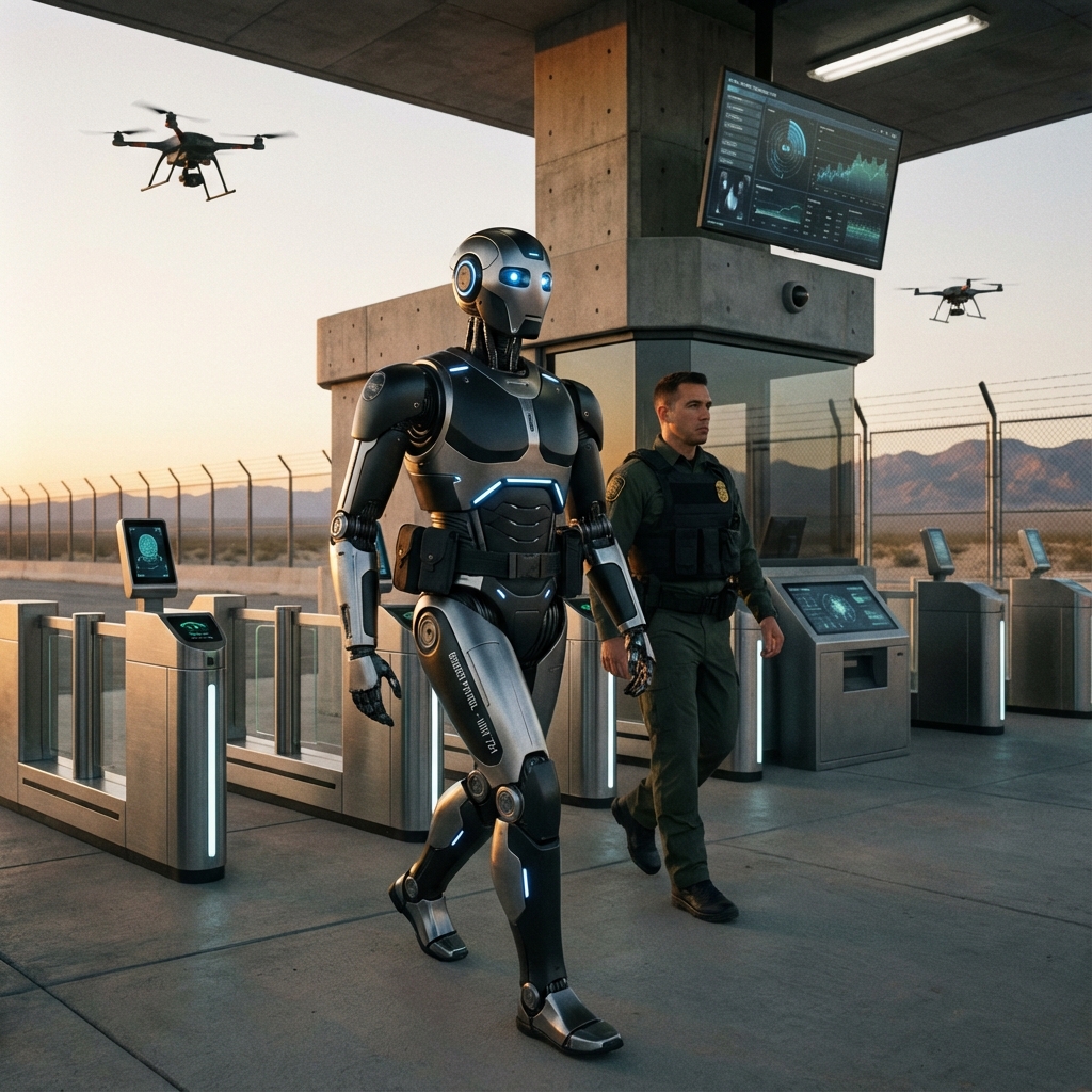 Humanoid robot patrolling a border checkpoint