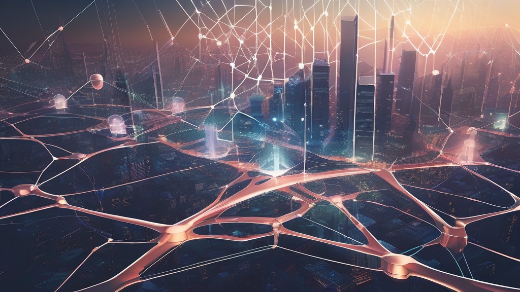 Futuristic cityscape with interconnected nodes representing technology, AI, and infrastructure.